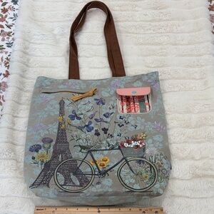 Floral Parisian Tote Bag with Brown Straps
